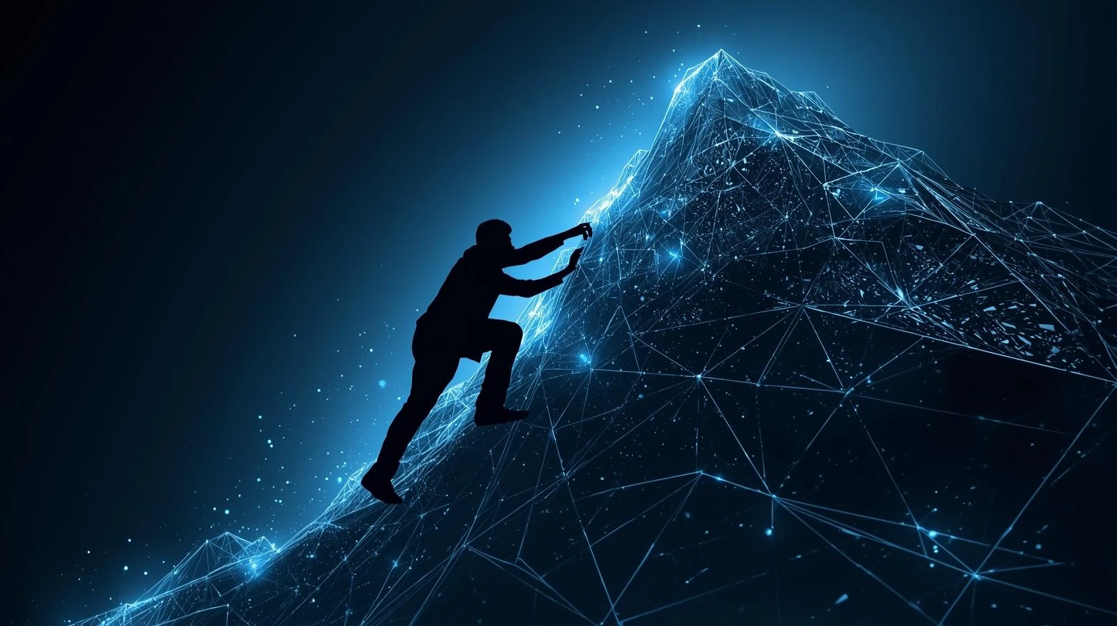 Silueta de una persona escalando una montaña digital, simbolizando el esfuerzo y la constancia necesarios para el éxito en Hive