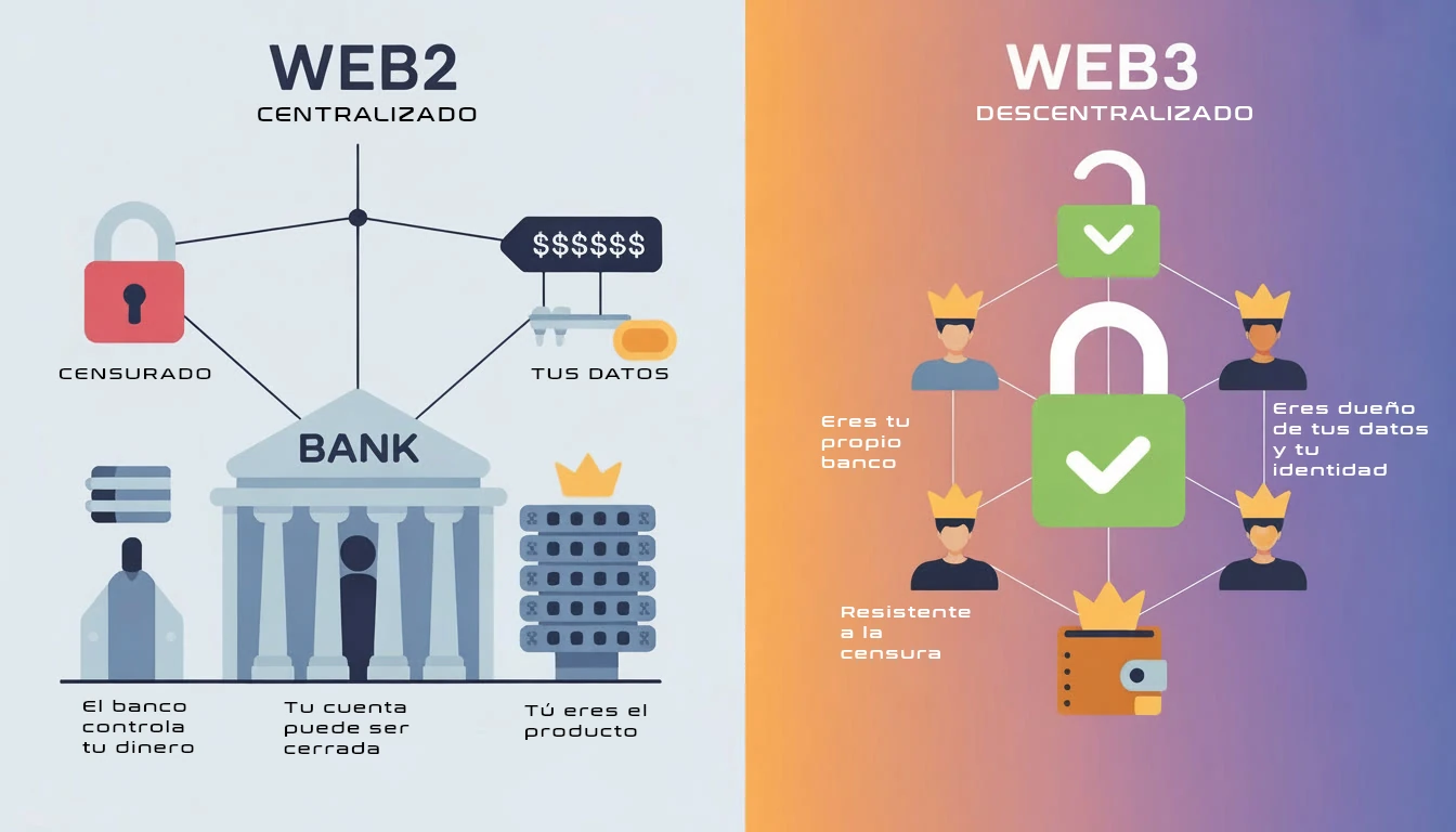 Infografía comparativa Web2 vs Web3: Izquierda muestra banco centralizado con censura y venta de datos; derecha muestra red descentralizada donde el usuario es su propio banco con resistencia a la censura y propiedad de datos